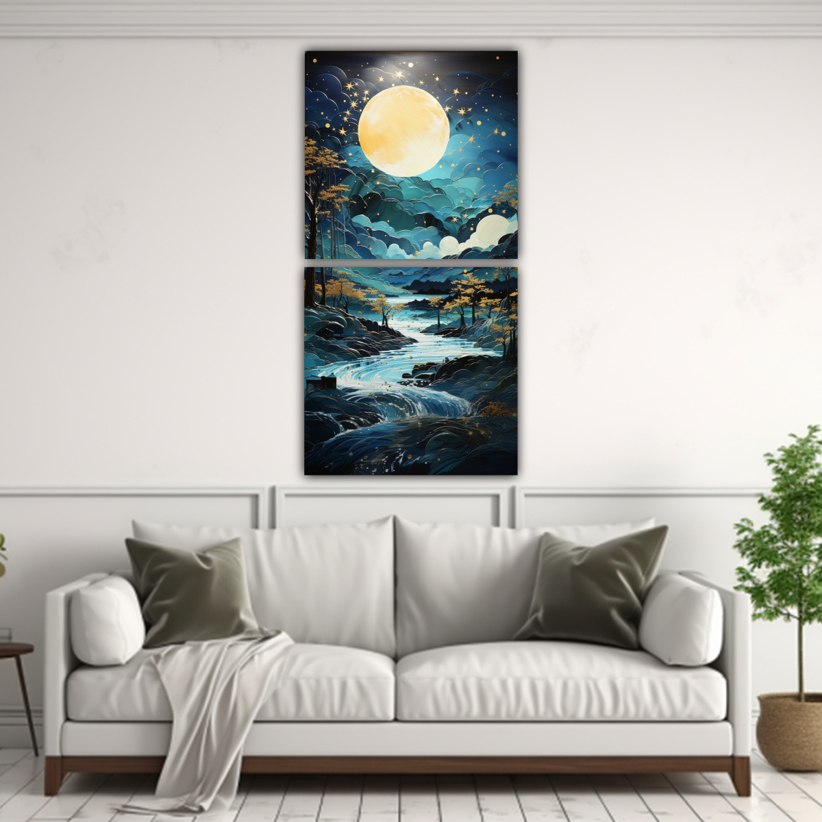 PAISAJE CON LUNA CERCA DE MONTAÑAS, PINTURA 80X160 CM - 2