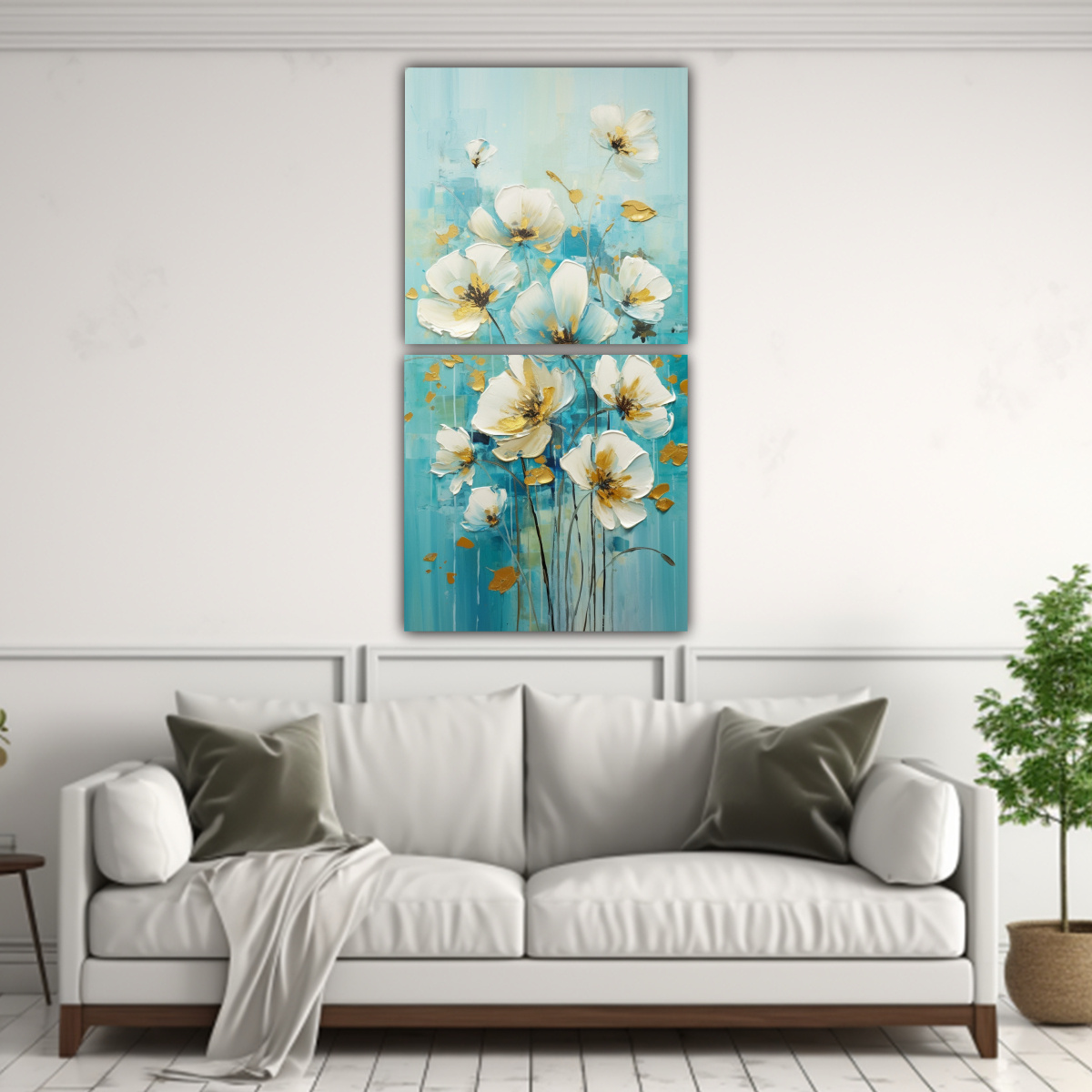 DÍPTICO TONOS CALIDEZ A FLORES TURQUESAS EN 80X160 CM - 2