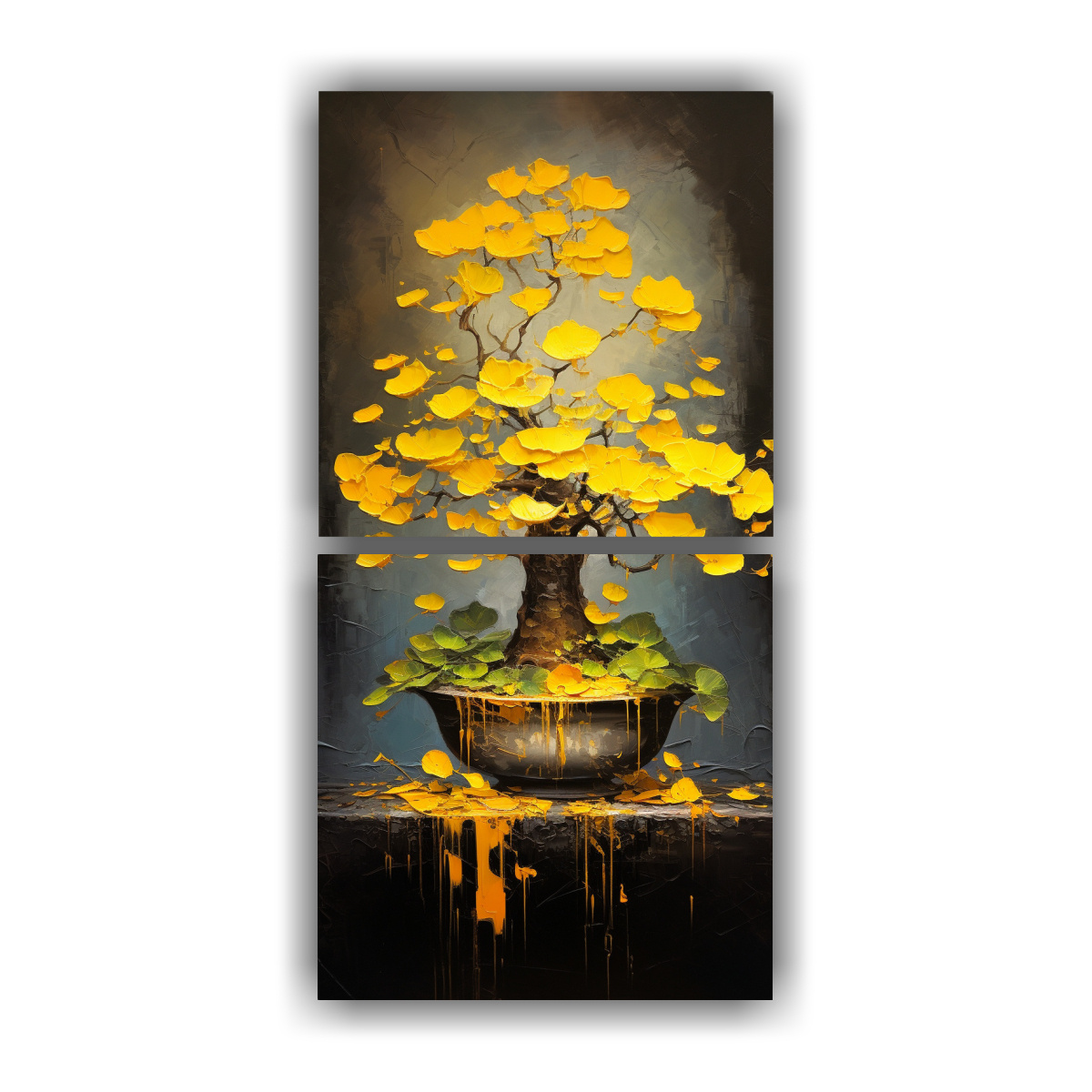 PINTURA ABSTRACTA DE GINKGO BILOBA BONSAI, ALTA 30X60 CM - 1