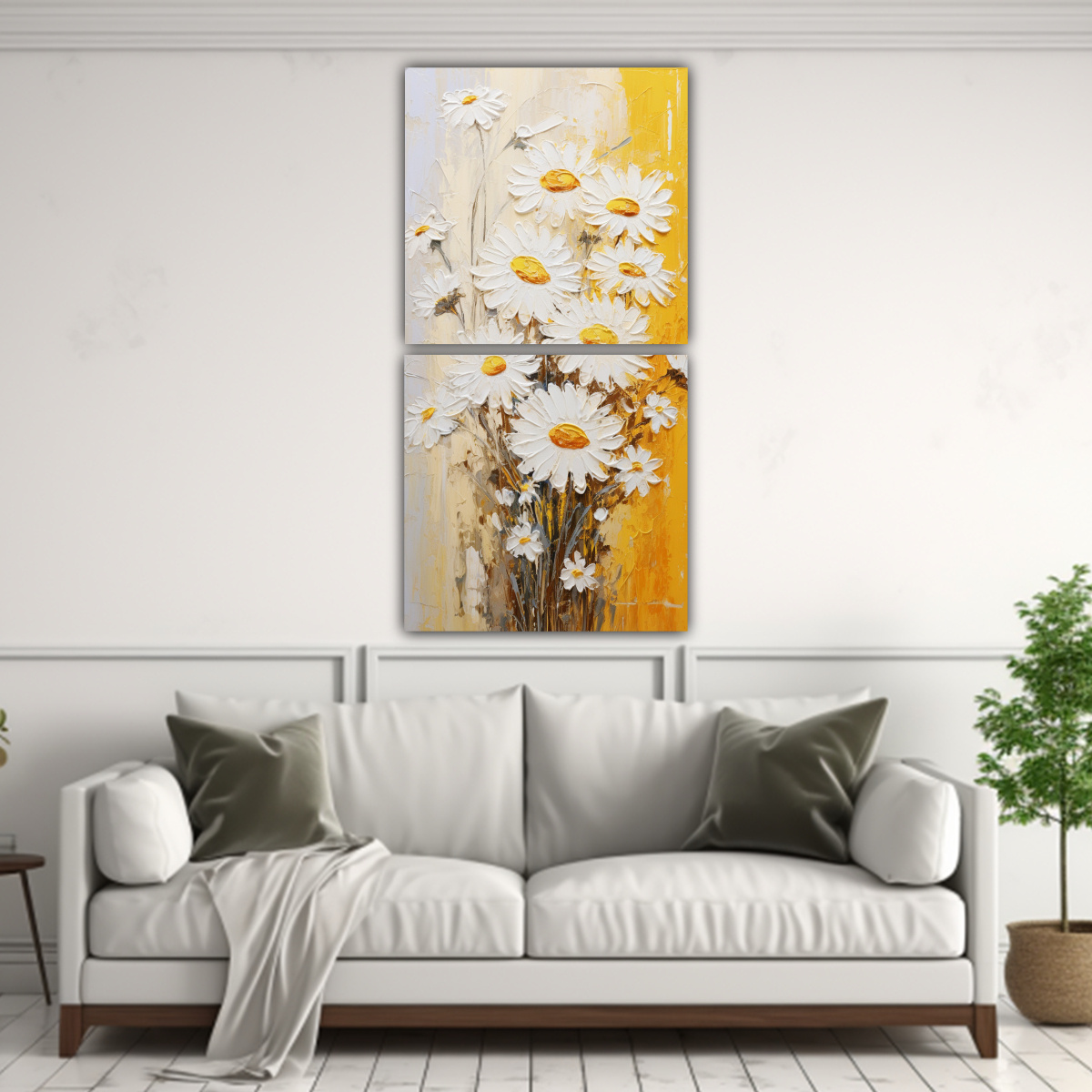 PINTURA ACUARELA AMARILLA Y BLANCA DE FLORES EN 60X120 CM - 2