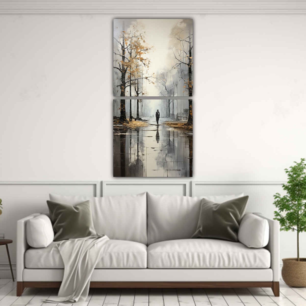 PINTURA ABSTRACTA DE ÁRBOLES EN PLATA Y BLANCO 60X120 CM - 2