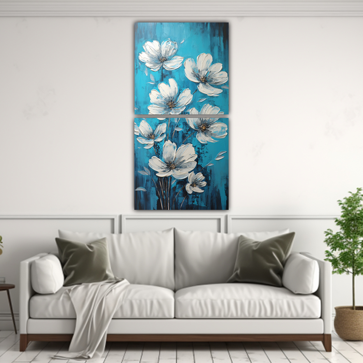 CUADRO DE FLORES TURQUESAS EN LIENZO DE ESTILO 30X60 CM - 2