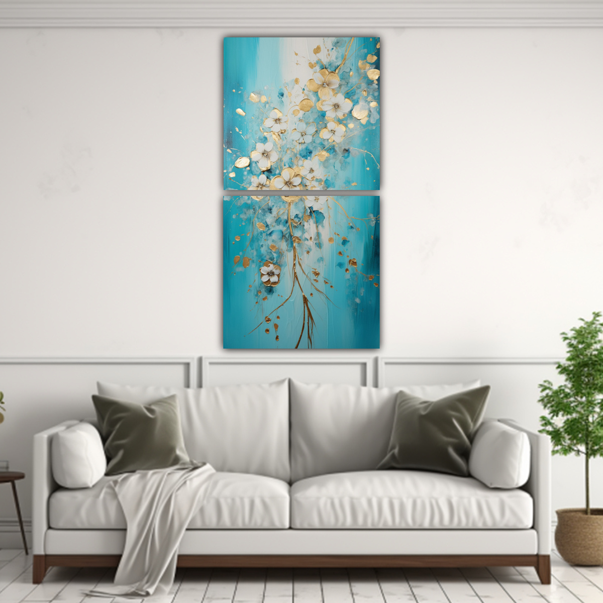 CUADRO COMPOSICIÓN VISUAL EN TURQUESA Y DORADO 40X80 CM - 2