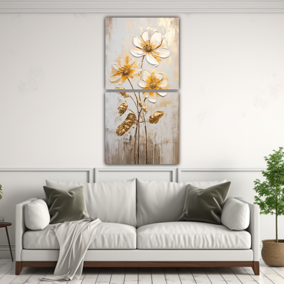 PINTURA EN BASTIDOR MODERNO DE FLORES DORADAS EN 80X160 CM - 2