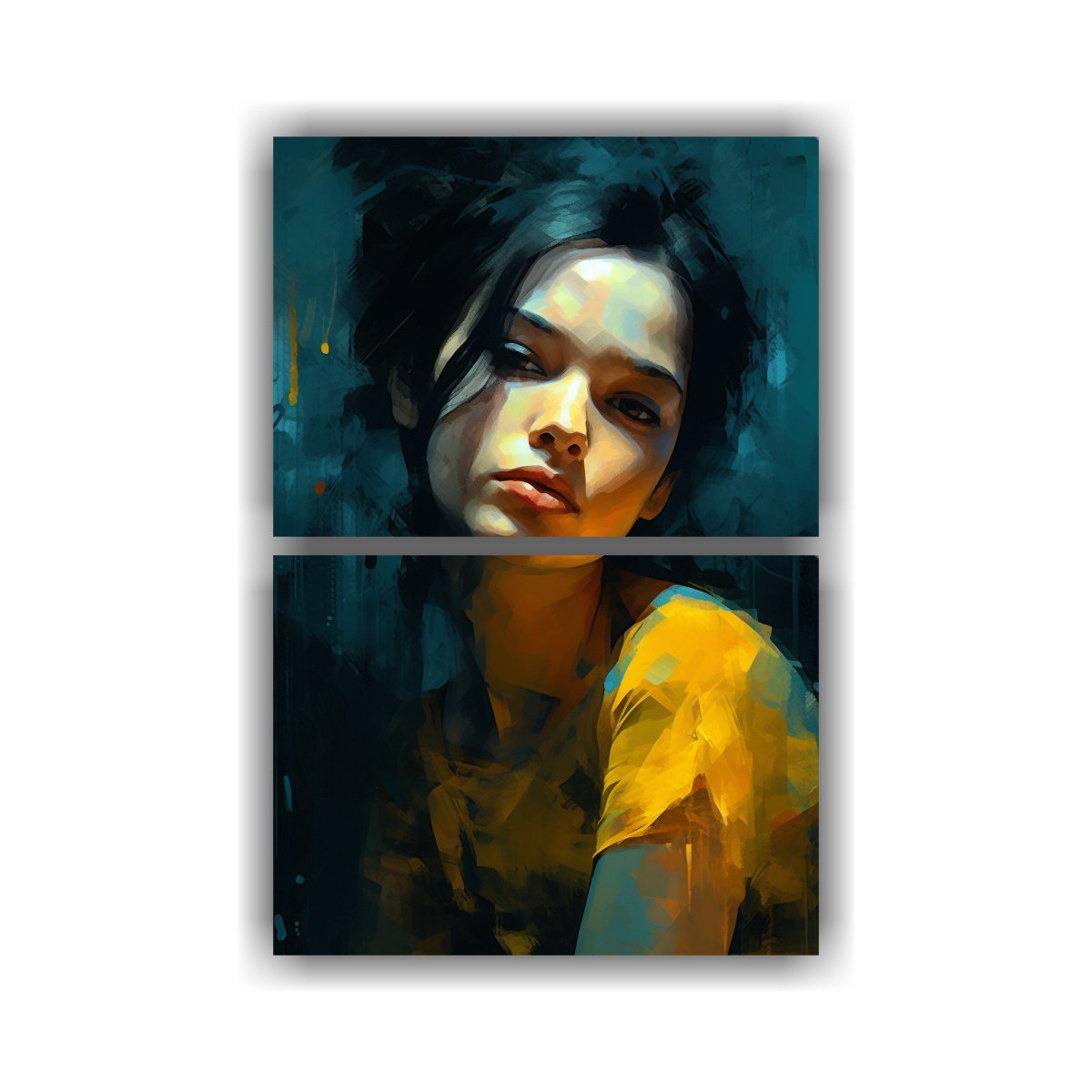 PINTURA DE MUJER TRISTE EN AMARILLO AZUL NEGRO 120X160 CM - 1
