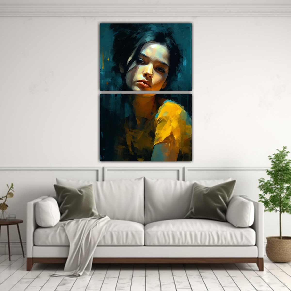 PINTURA DE MUJER TRISTE EN AMARILLO AZUL NEGRO 120X160 CM - 2