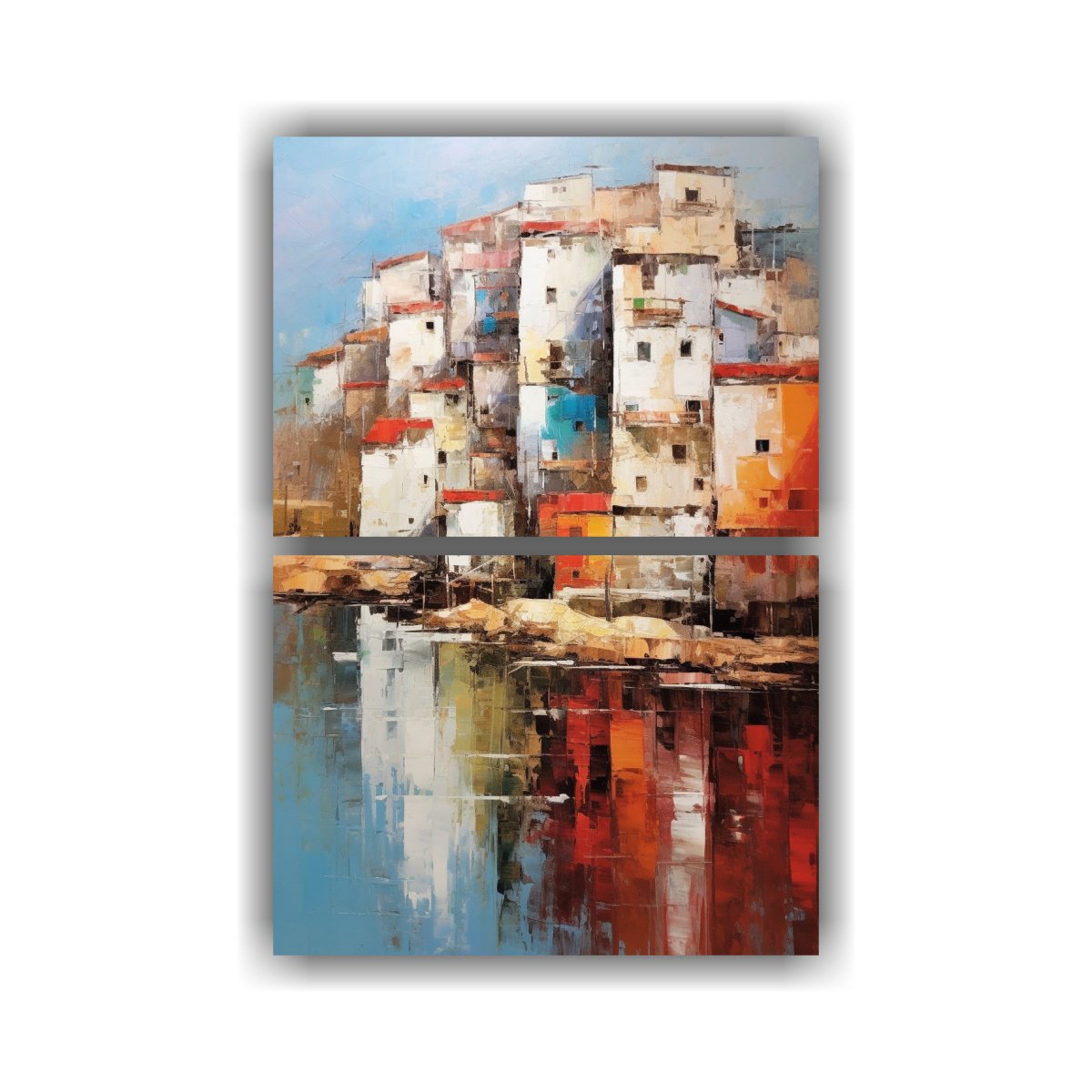 PINTURA ABSTRACTA EN LIENZO DE UN PUEBLO COSTERO. 65X100 CM - 1