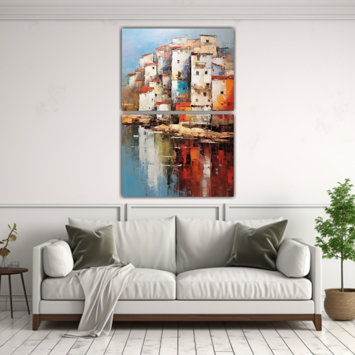 PINTURA ABSTRACTA EN LIENZO DE UN PUEBLO COSTERO. 65X100 CM - 2