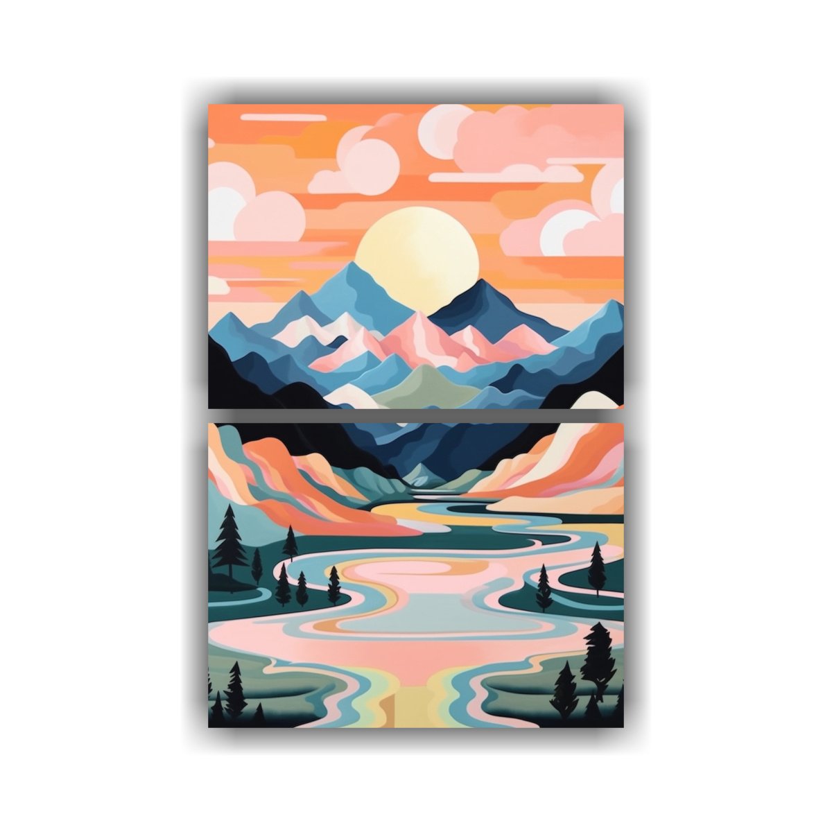 PINTURA DECORATIVA CON MONTAÑAS COLORIDAS Y LAGO 45X60 CM - 1