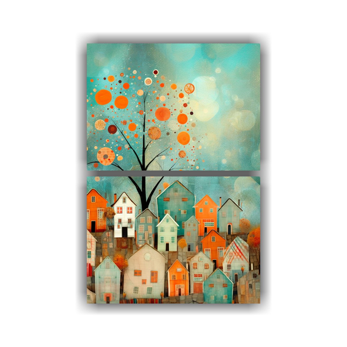 LIENZO ABSTRACTO DE CASAS Y ÁRBOL EN COLINA, 30X40 CM - 1