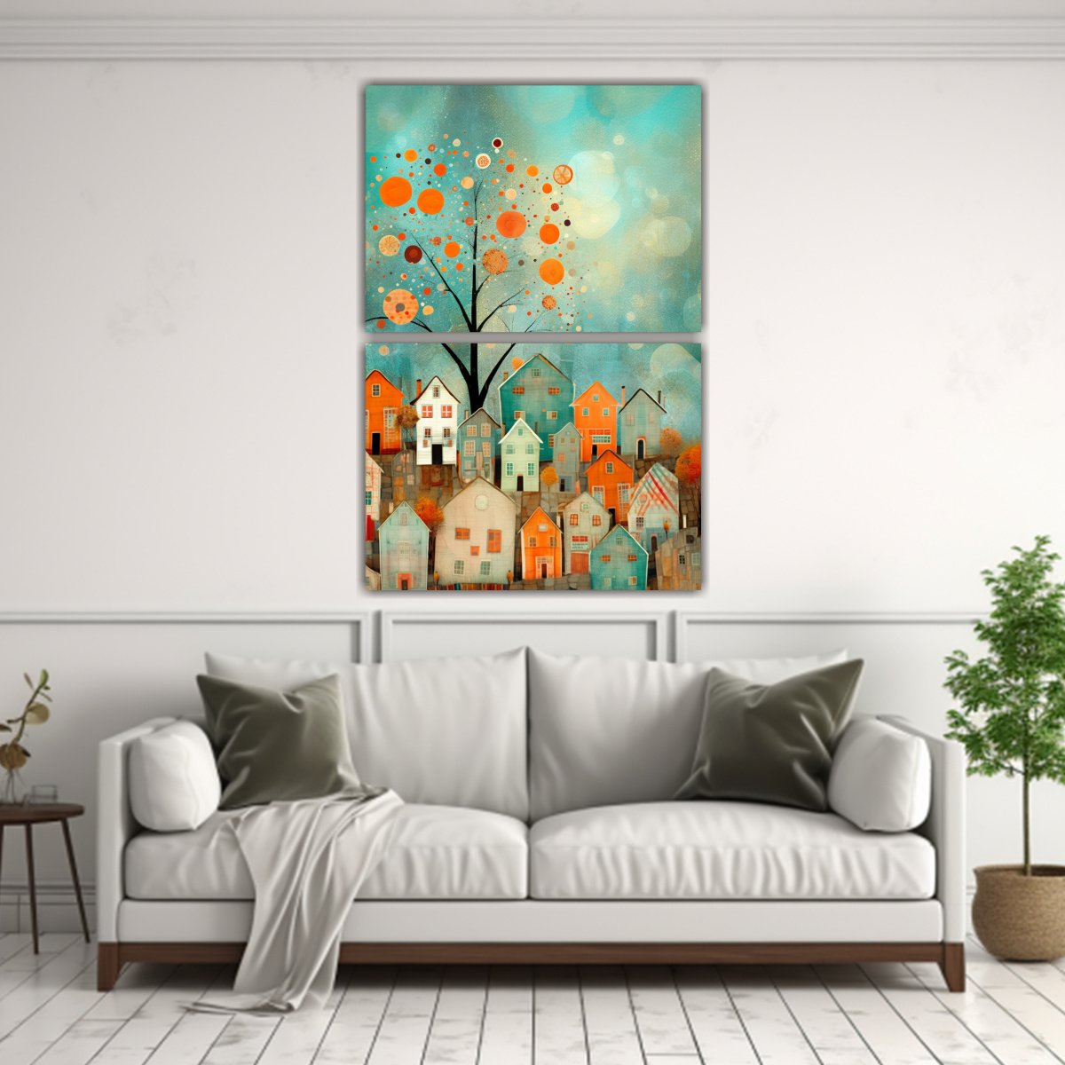 LIENZO ABSTRACTO DE CASAS Y ÁRBOL EN COLINA, 30X40 CM - 2