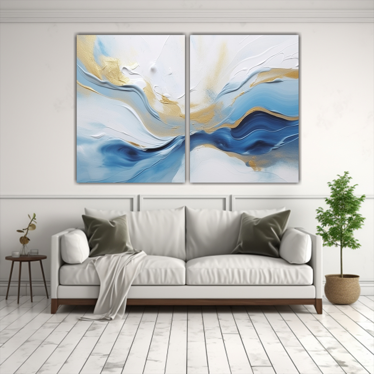 PINTURA ABSTRACTA EN AZUL Y BLANCO CON DETALLES 60X40 CM - 2