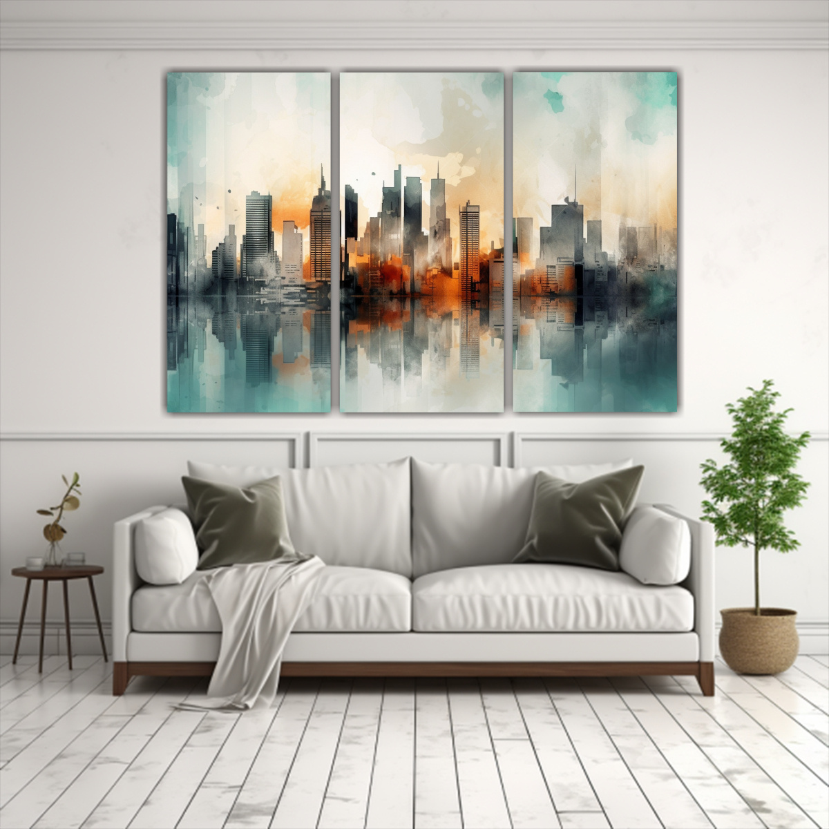 PINTURA ACUARELA URBANA ABSTRACTA TRES CUADROS 210X140 CM - 2