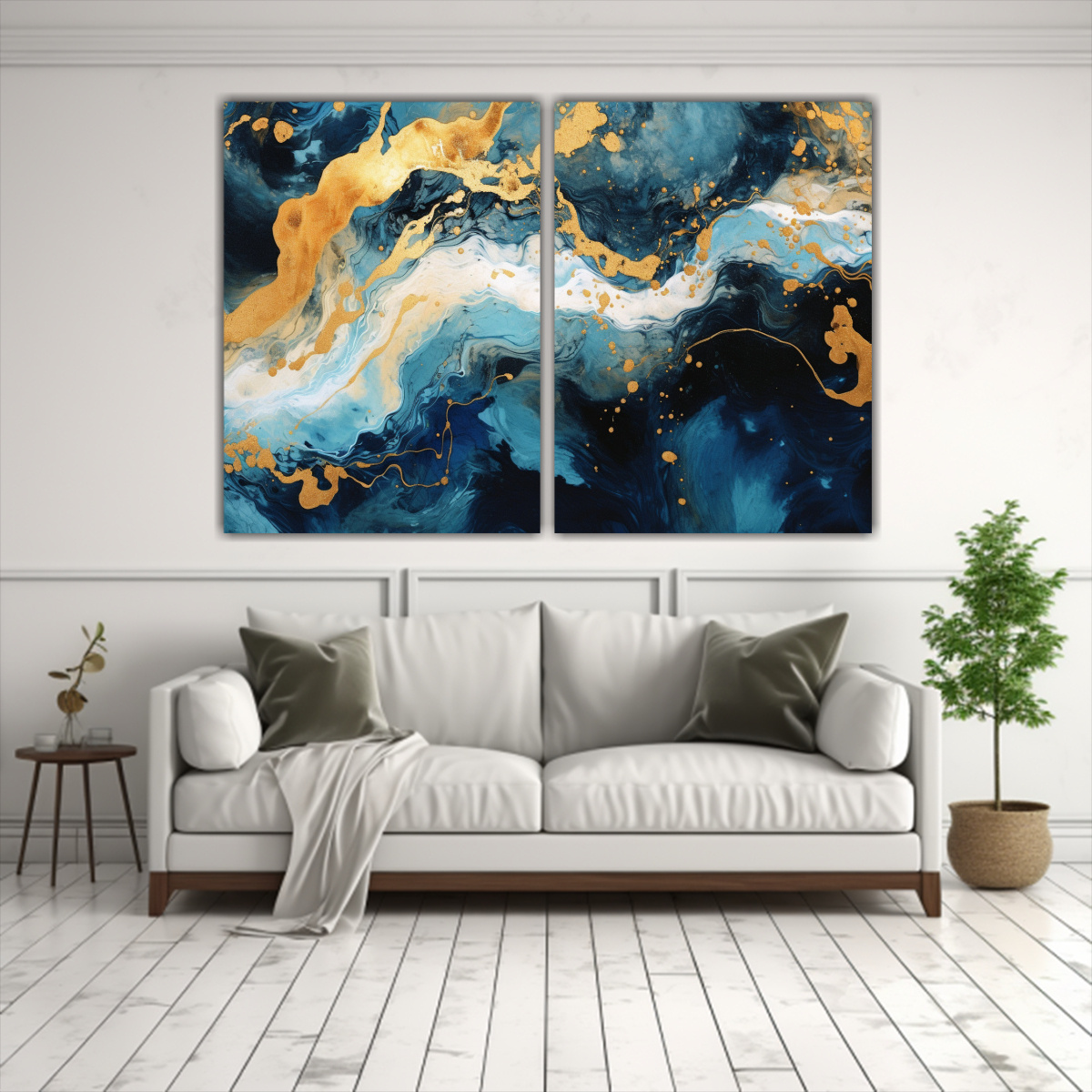 PINTURA ABSTRACTA DE REMOLINOS AZULES Y DORADOS: 100X65 CM - 2