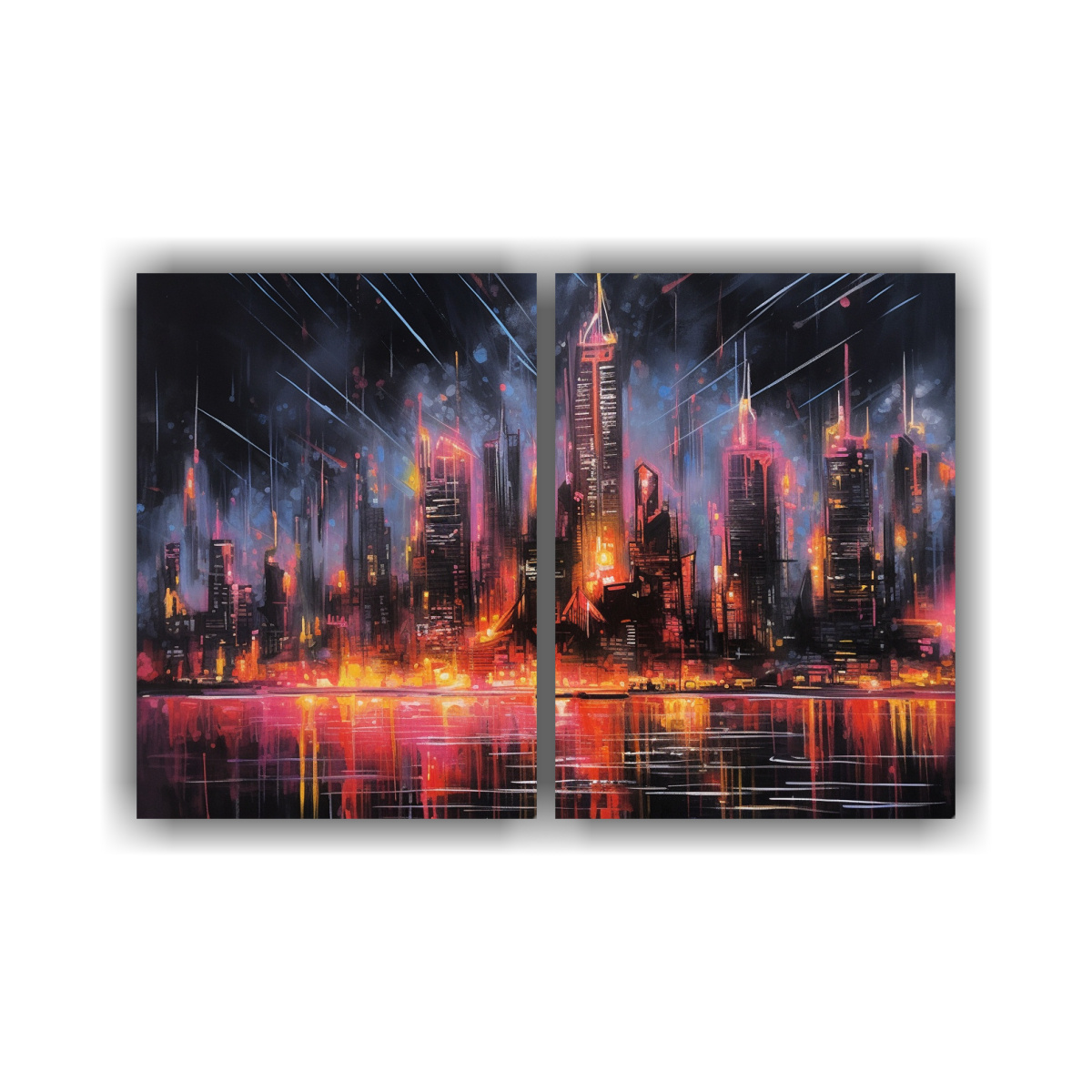 PINTURA DE CIUDAD EN CARBÓN Y NEÓN PARA 100X75 CM - 1