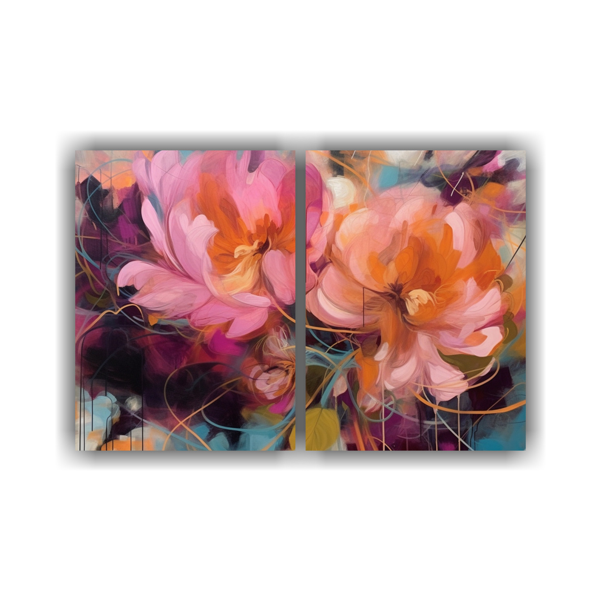 CUADRO ABSTRACTO DE PEONÍAS ROSAS EN DIPTICO: 80X50 CM - 1