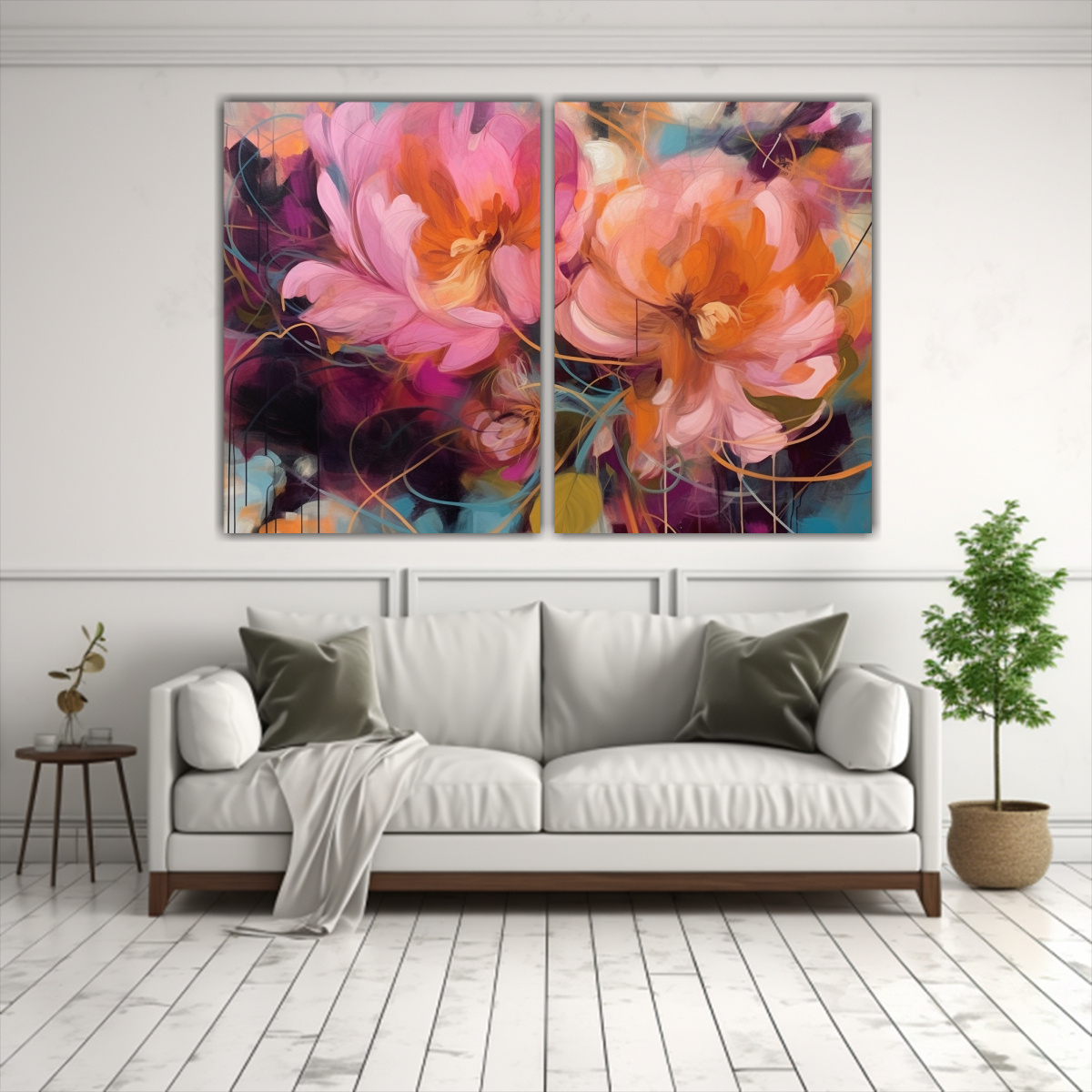 CUADRO ABSTRACTO DE PEONÍAS ROSAS EN DIPTICO: 80X50 CM - 2