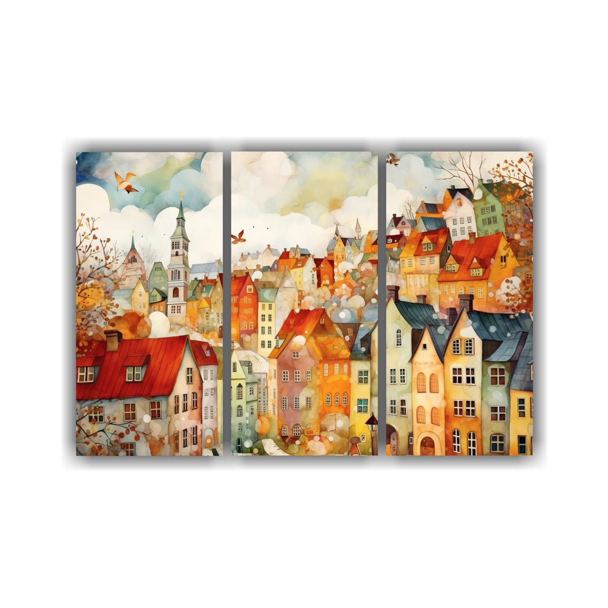 PINTURA ACUARELA CIUDAD SUECA PAISAJE TRÍPTICO 60X40 CM - 1