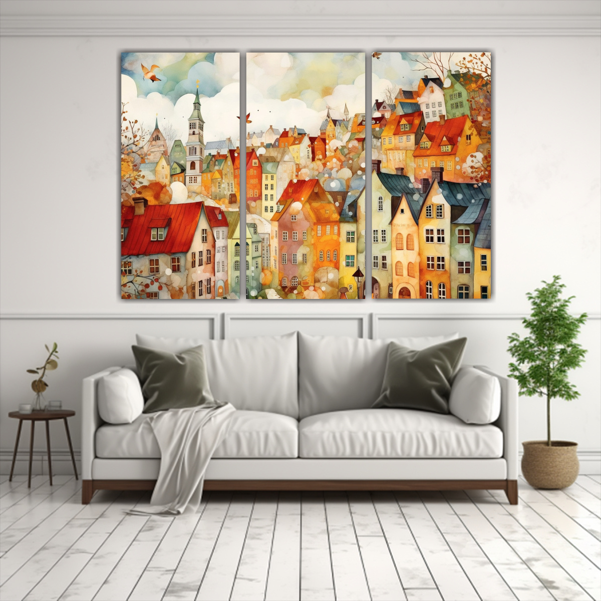 PINTURA ACUARELA CIUDAD SUECA PAISAJE TRÍPTICO 60X40 CM - 2