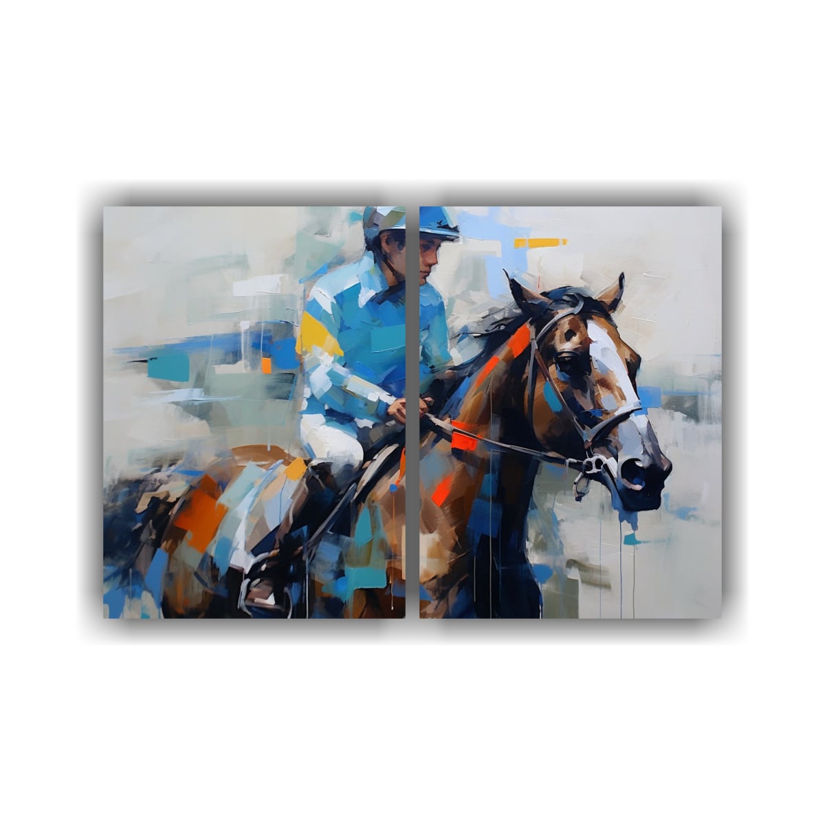 CUADRO DECORATIVO: JOCKEY AZUL MONTANDO CABALLO 100X65 CM - 1