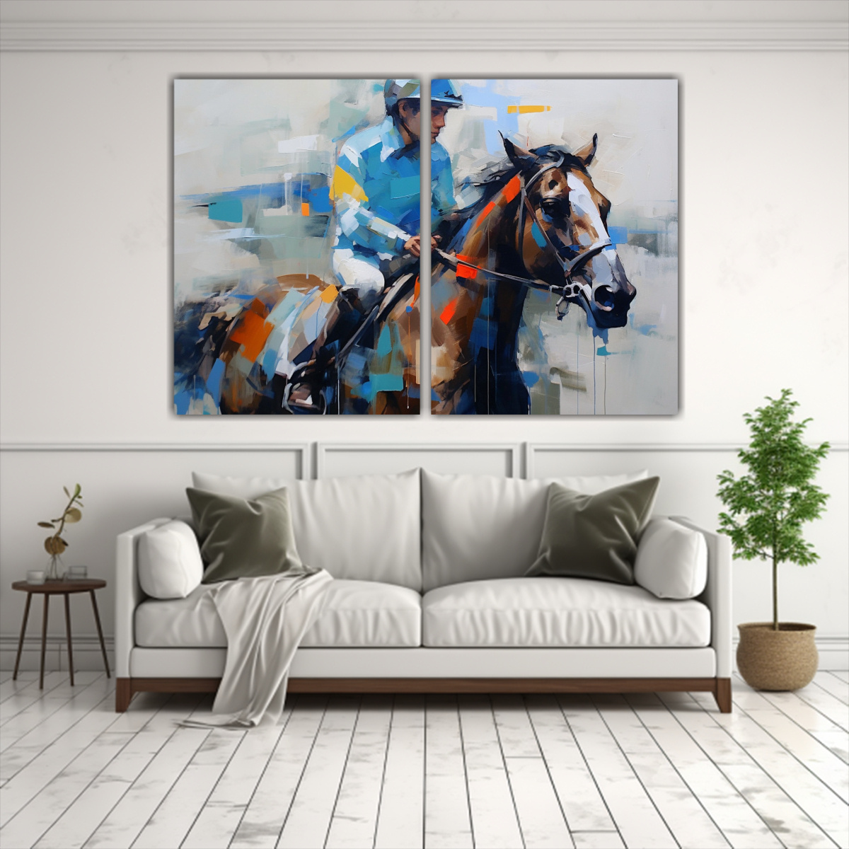 CUADRO DECORATIVO: JOCKEY AZUL MONTANDO CABALLO 100X65 CM - 2
