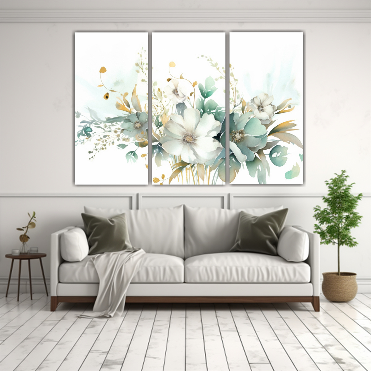 CUADRO FLORAL ACUARELA HOJAS VERDES FONDO BLANCO 75X50 CM - 2