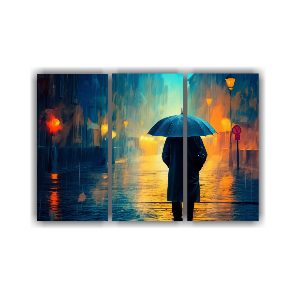 PINTURA DECORATIVA: HOMBRE CON PARAGUAS CAMINANDO. 210X140 CM - 1