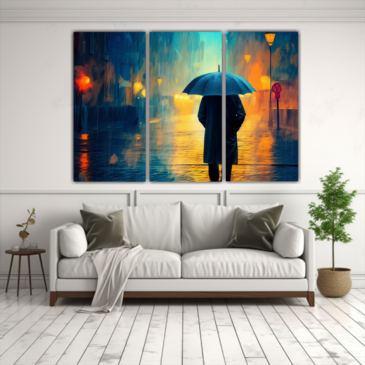PINTURA DECORATIVA: HOMBRE CON PARAGUAS CAMINANDO. 210X140 CM - 2