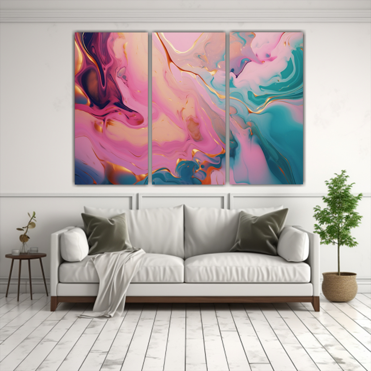 TRÍPTICO ABSTRACTO ROSA Y VERDE SUAVE FLUIDO DE 120X80 CM - 2