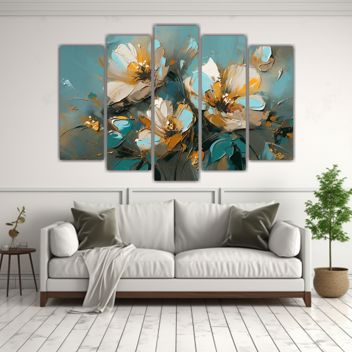 PINTURA DE FLORES TURQUESA Y DORADO EN LIENZO 125X75 CM - 2