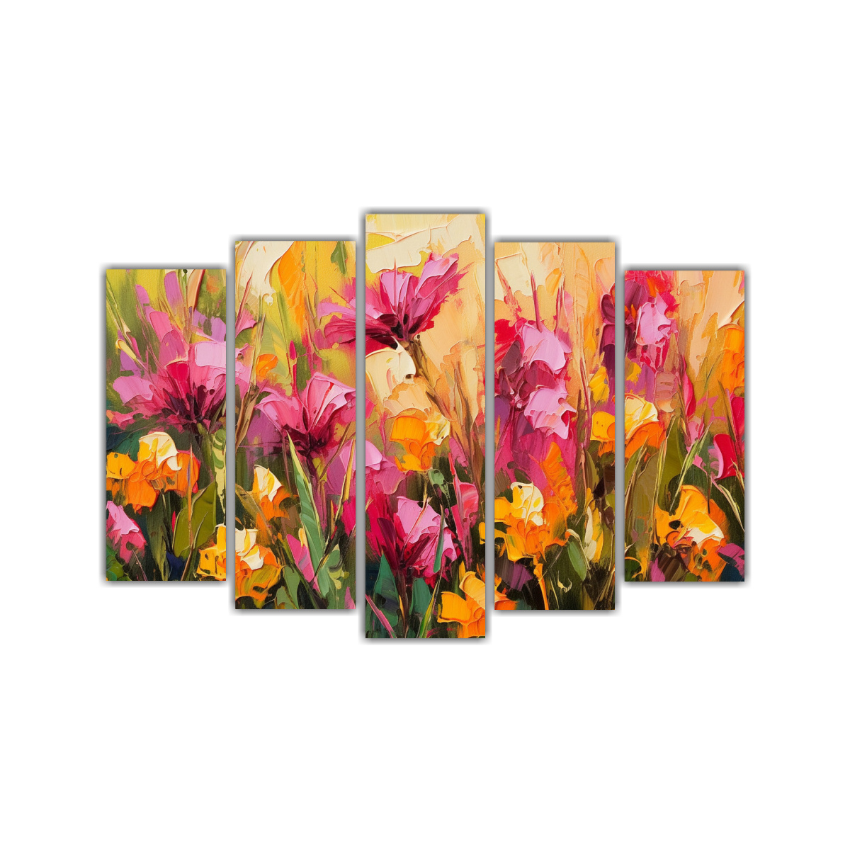 CONJUNTO 5 CUADROS FLORES AMARILLAS Y MAGENTAS EN 125X75 CM - 1