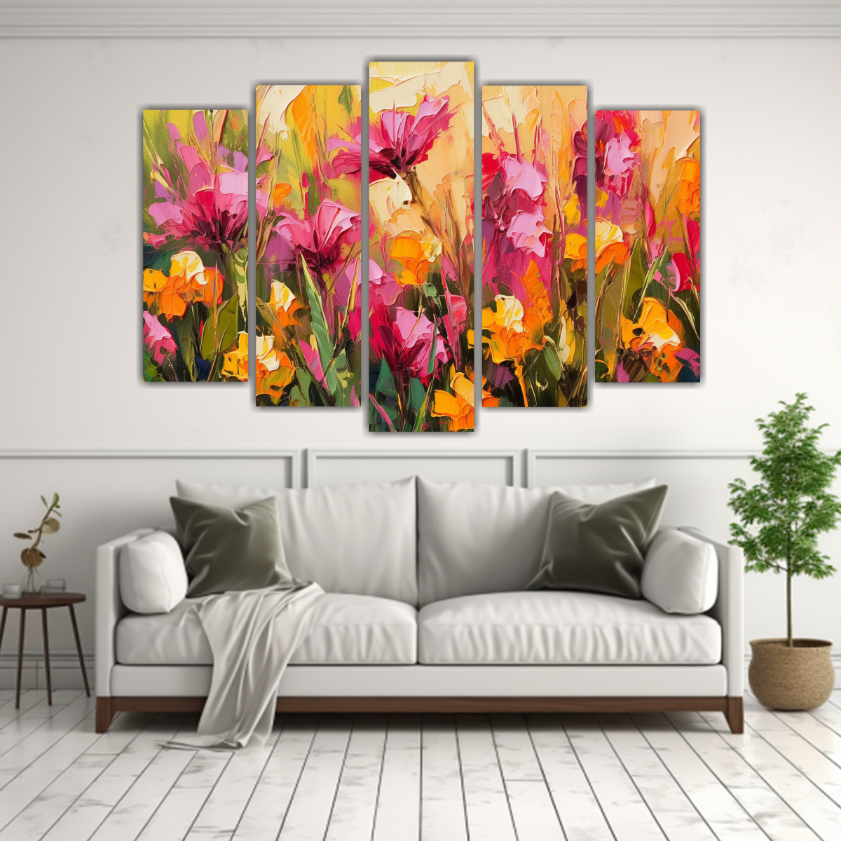 CONJUNTO 5 CUADROS FLORES AMARILLAS Y MAGENTAS EN 125X75 CM - 2
