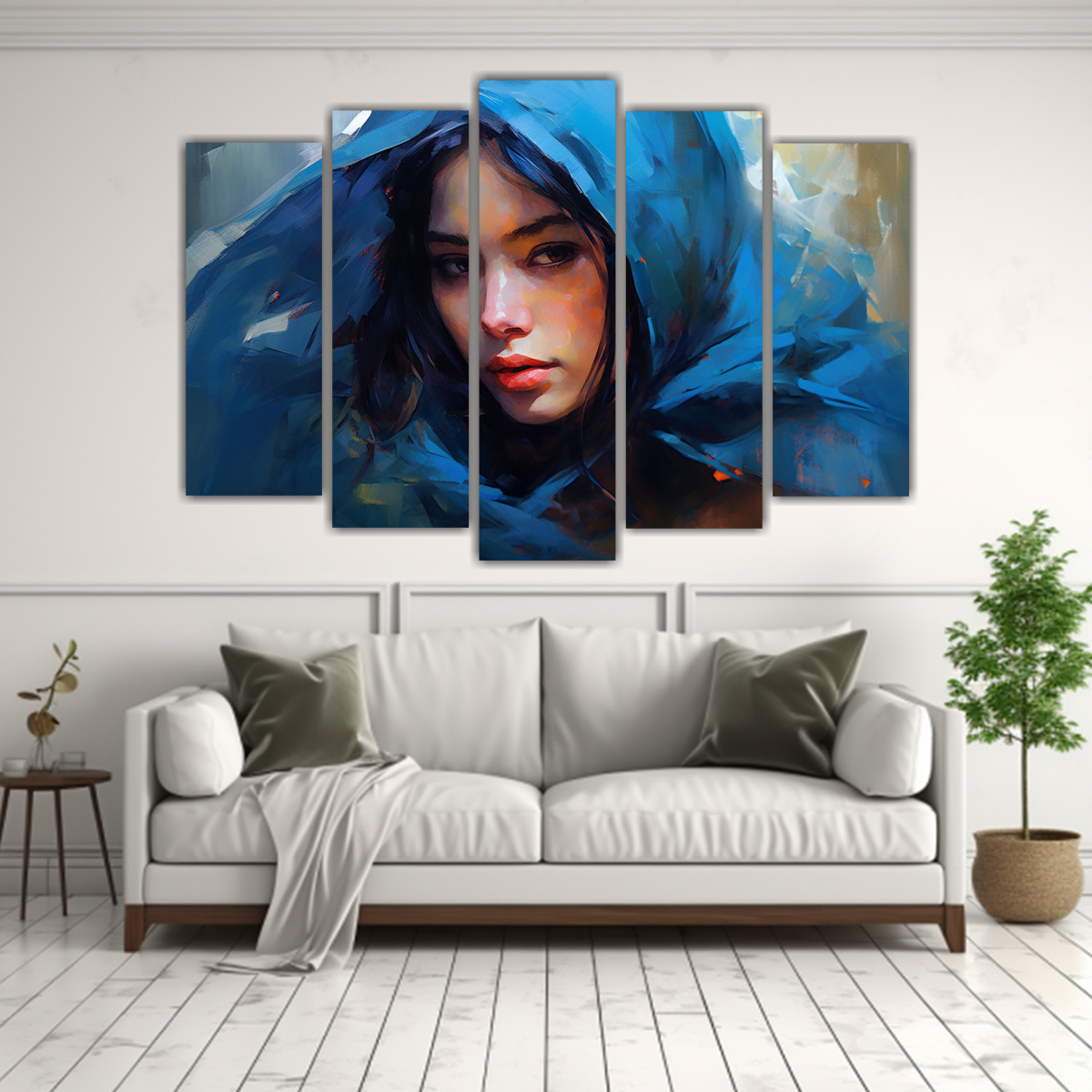 PINTURA MUJER CON PAÑUELO AZUL ESTILO 150X100 CM - 2