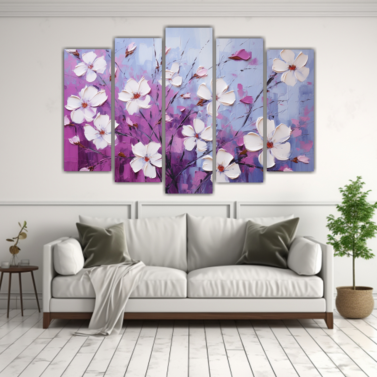 CUADROS MINIMALISTAS: FLORES BLANCAS Y MAGENTA EN 100X65 CM - 2