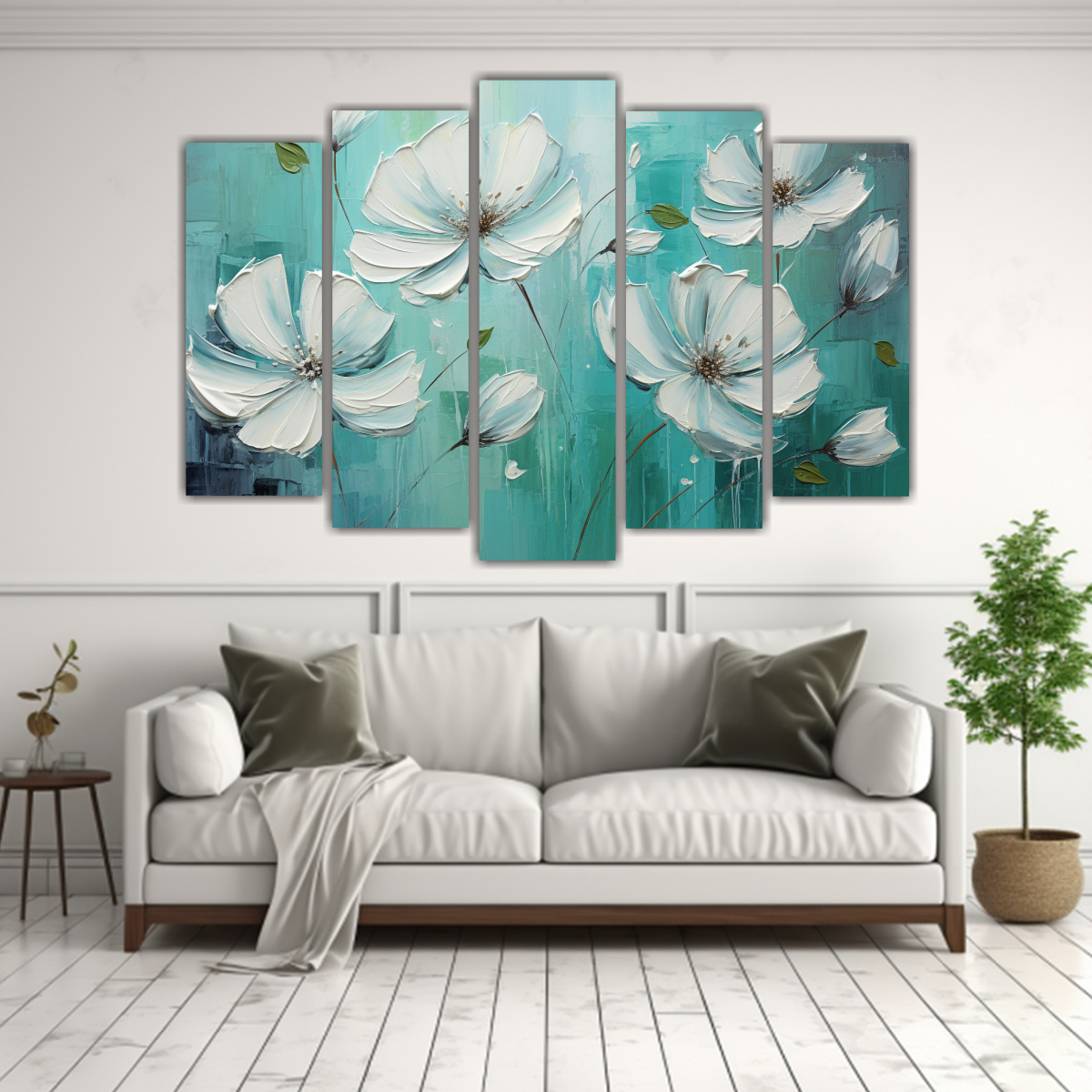 PINTURA DE FLORES VERDES Y AZULES EN LIENZO PARA 125X75 CM - 2