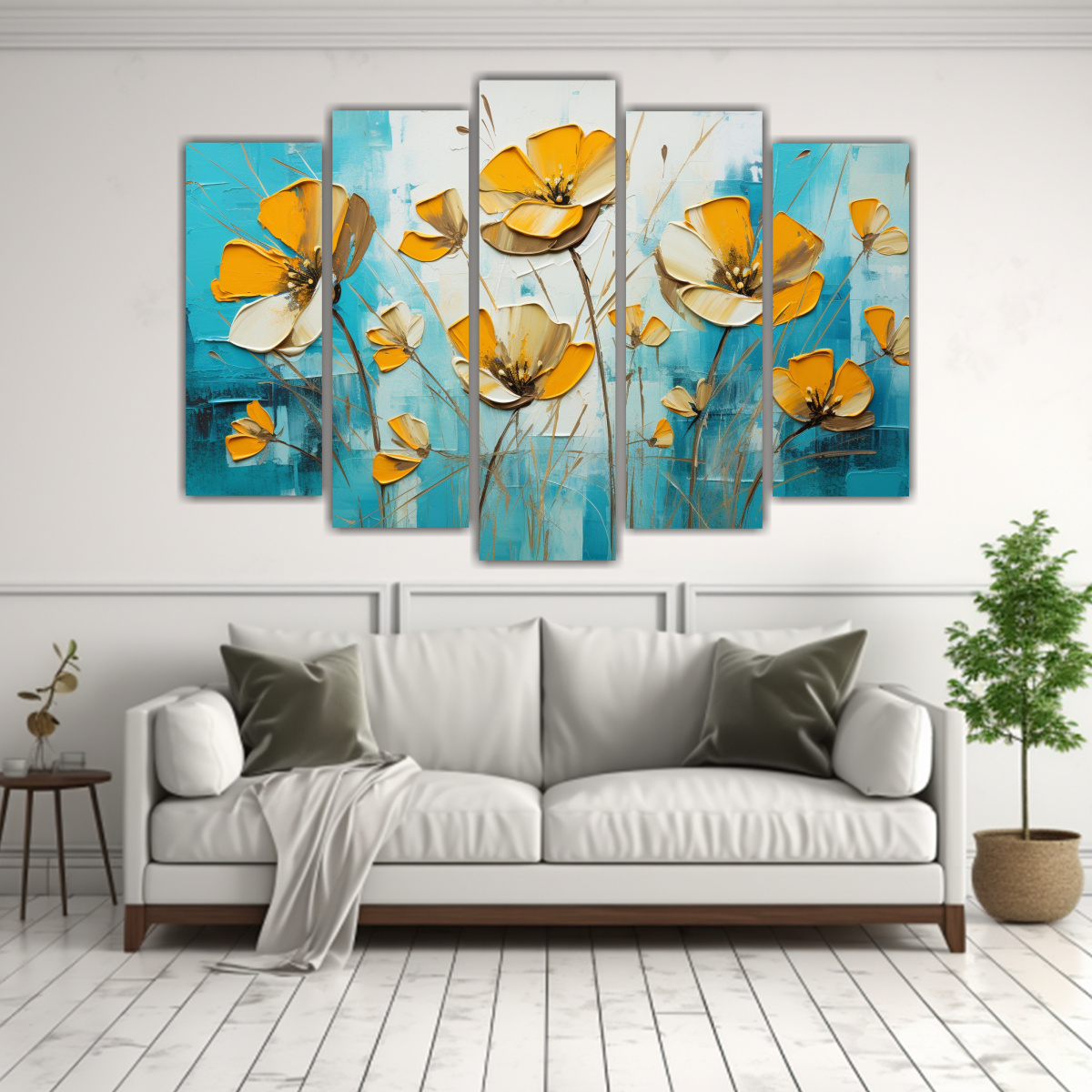 CUADRO DE FLORES AMARILLAS Y TURQUESAS SOBRE 225X150 CM - 2