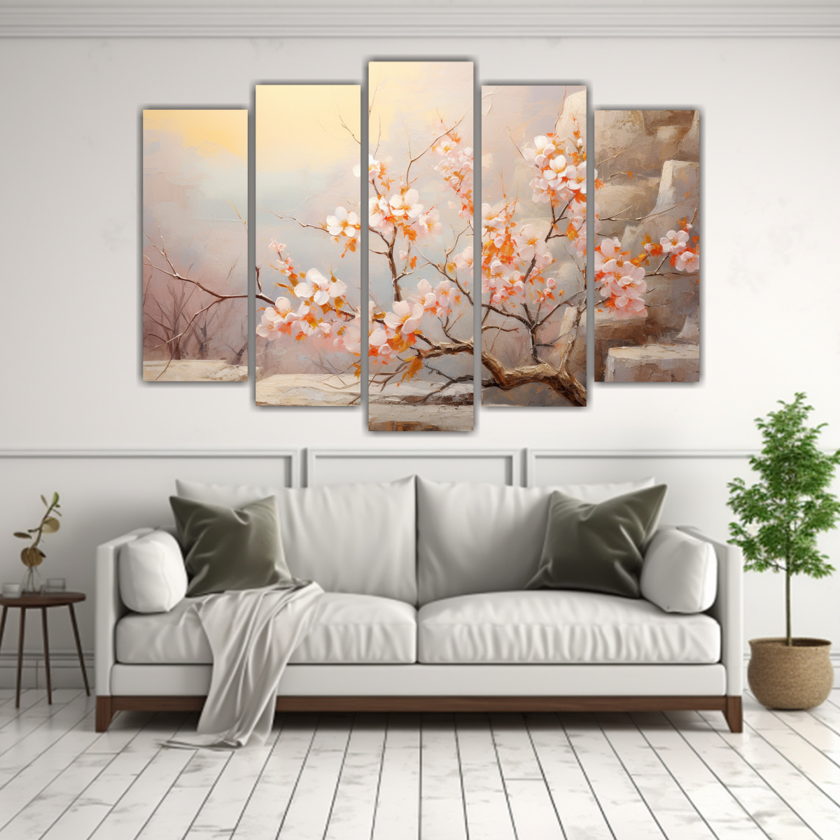 PINTURA ABSTRACTA DE UN DURAZNO BLANCO Y ORO EN 225X150 CM - 2