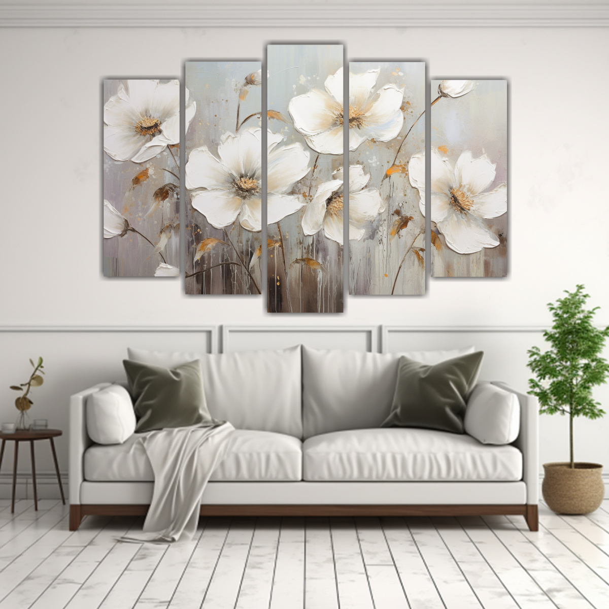 PINTURA FLORAL EN LIENZO BLANCO Y PLATA PARA 100X65 CM - 2