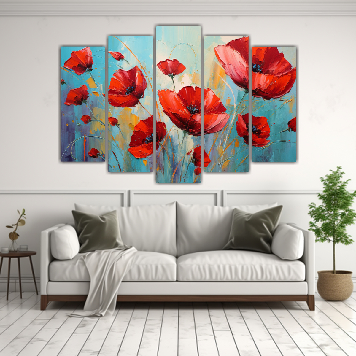 PINTURA DE FLORES EN TONOS ROJO Y TURQUESA SOBRE 125X75 CM - 2