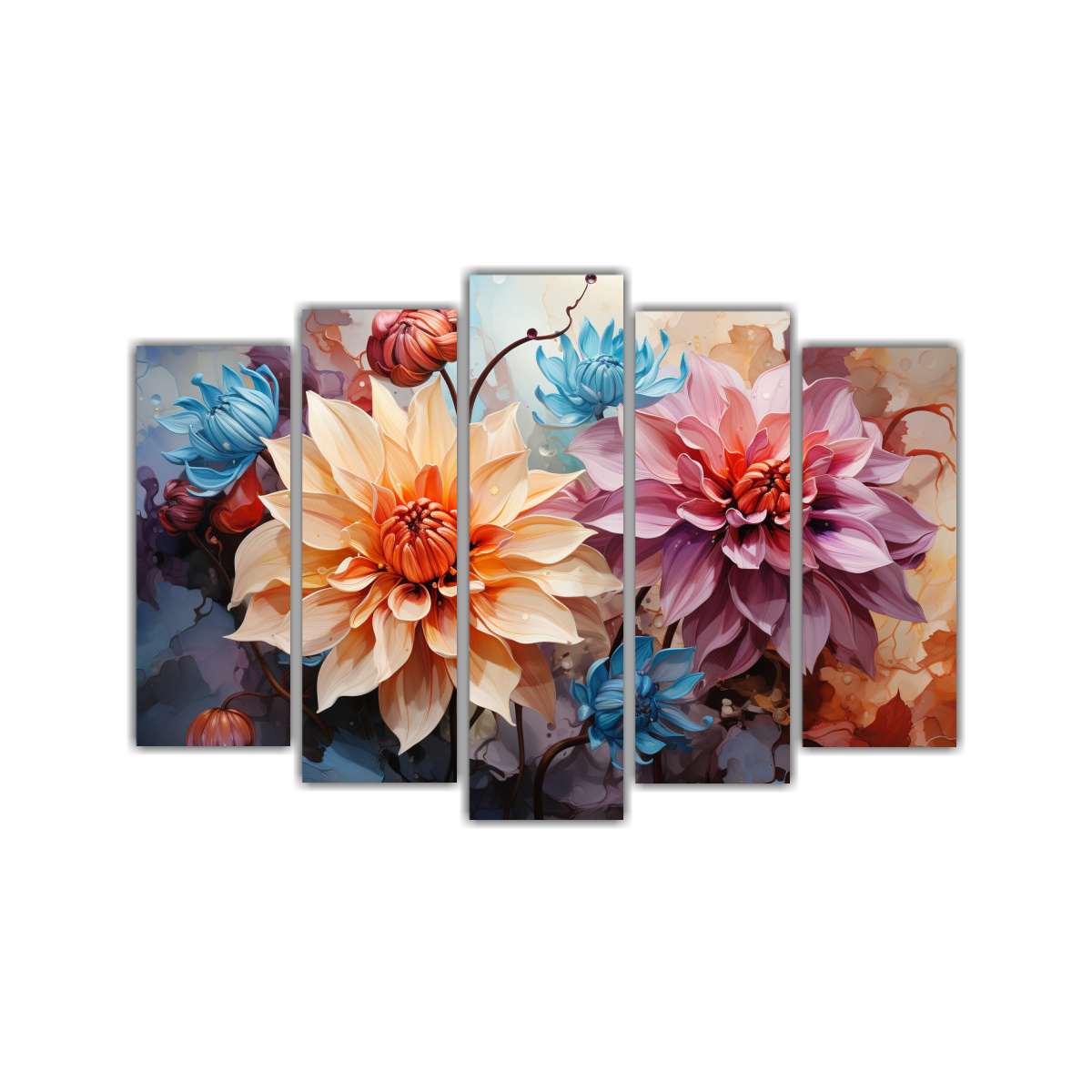 PINTURAS ABSTRACTAS CINCO LIENZOS TEMA DAHLIAS 100X65 CM - 1