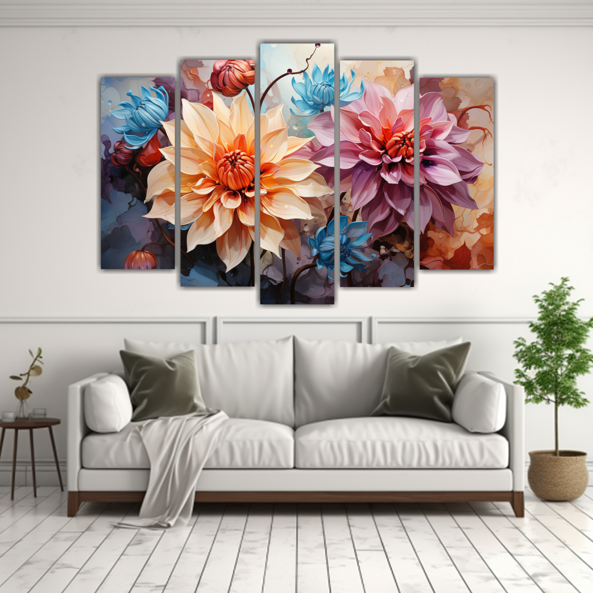 PINTURAS ABSTRACTAS CINCO LIENZOS TEMA DAHLIAS 100X65 CM - 2