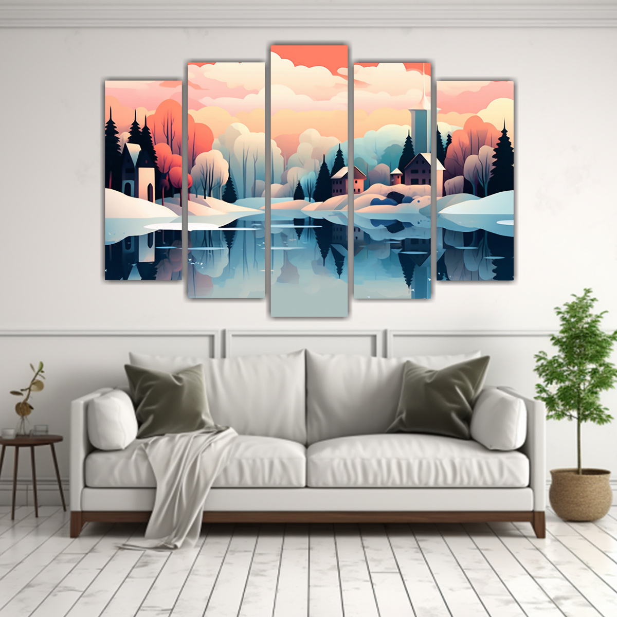 CUADROS PARA BAÑO: PUEBLO NEVADO JUNTO AL LAGO 125X75 CM - 2
