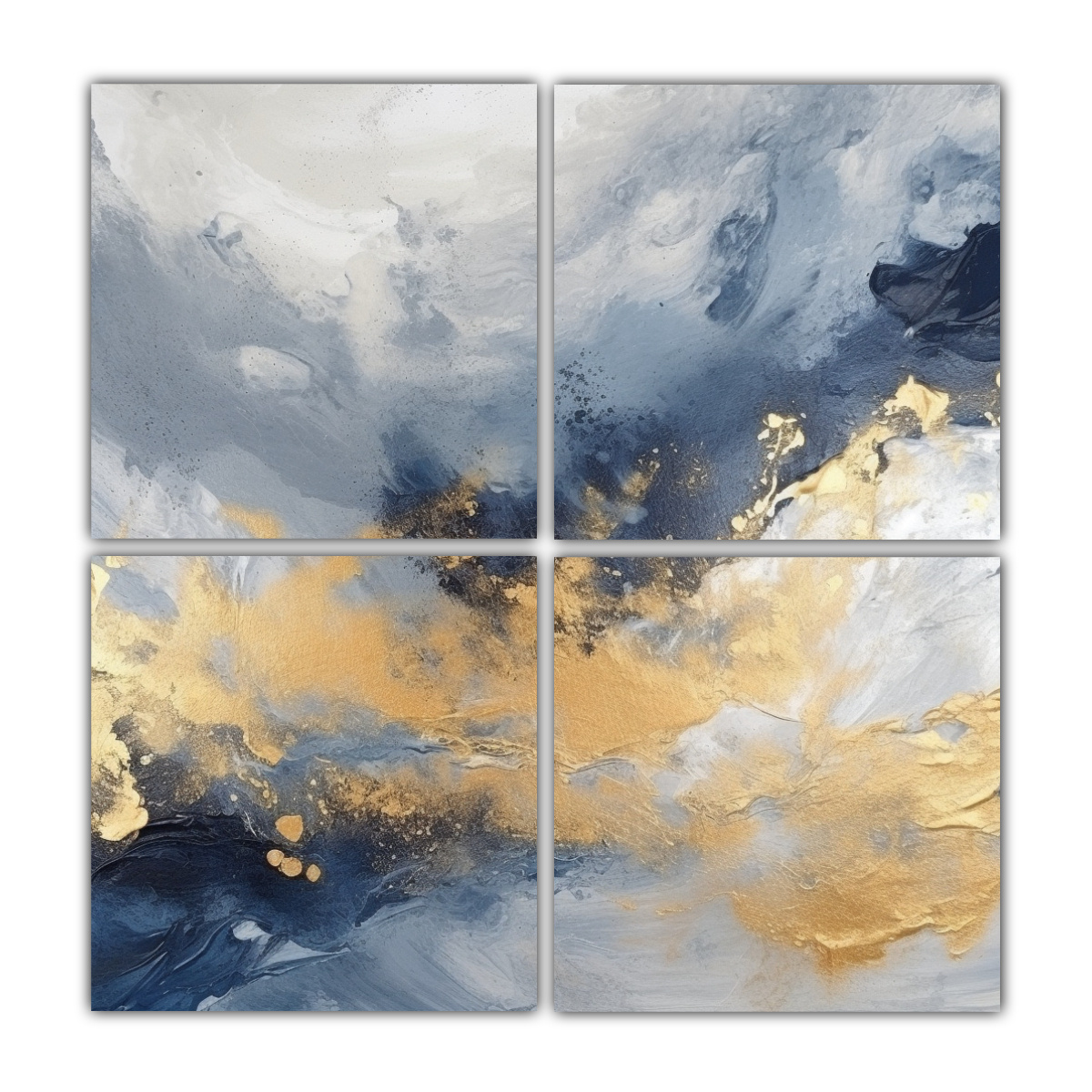 CUATRO CUADROS ABSTRACTOS EN TELA DE ORO Y AZUL, 60X60 CM - 1