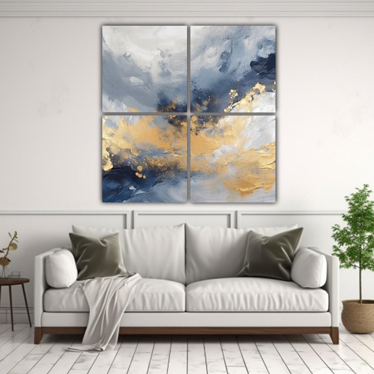 CUATRO CUADROS ABSTRACTOS EN TELA DE ORO Y AZUL, 60X60 CM - 2