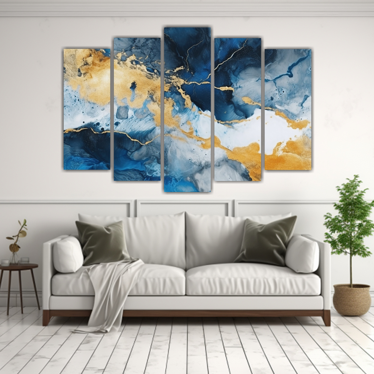 CUADRO ABSTRACTO AZUL Y DORADO CON FONDO BLANCO 100X65 CM - 2