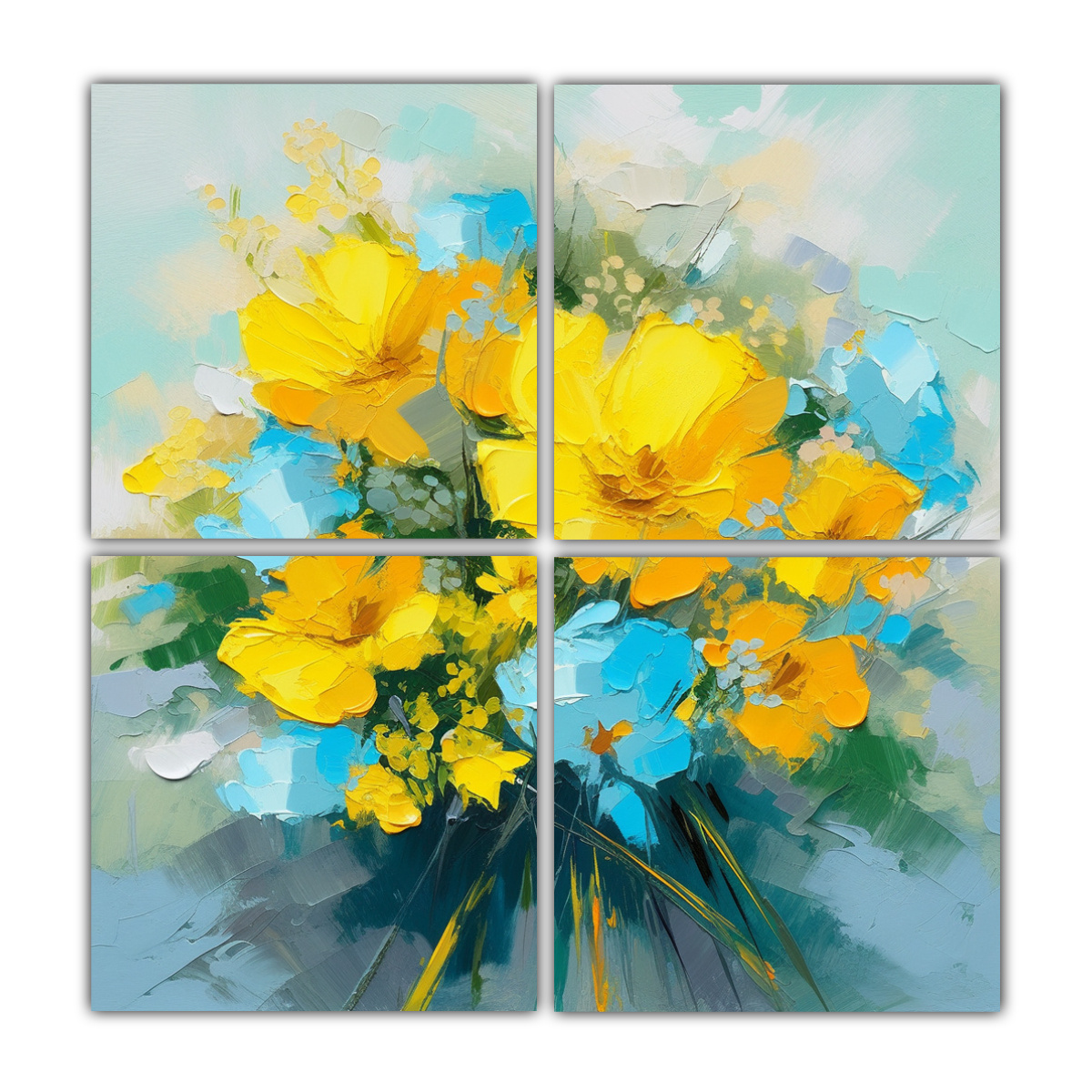 CUADRO MODERNO A AMARILLO Y CIAN FLORES EN LIENZO 200X200 CM - 1