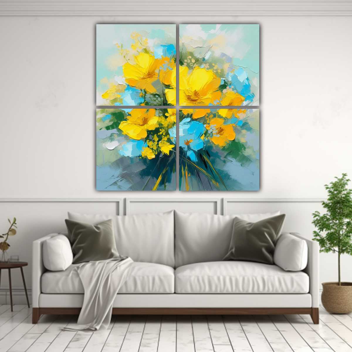 CUADRO MODERNO A AMARILLO Y CIAN FLORES EN LIENZO 200X200 CM - 2