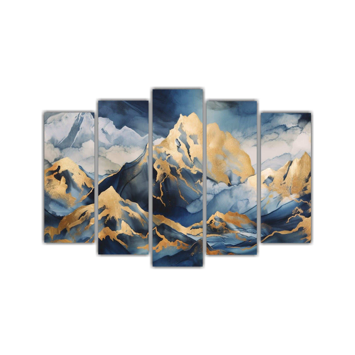 PINTURA DE MONTAÑAS CON NUBES Y ARTE DORADO: 225X150 CM - 1