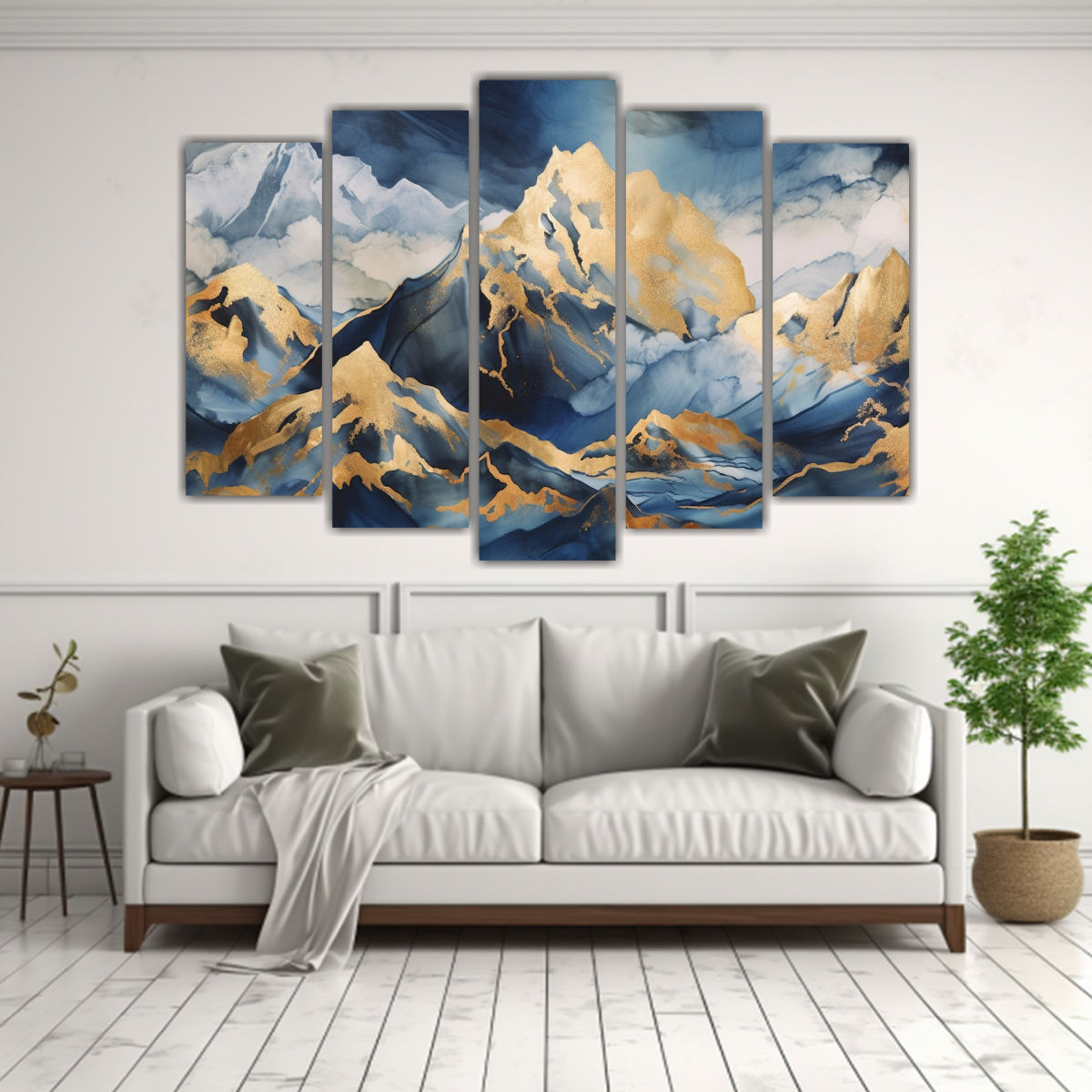 PINTURA DE MONTAÑAS CON NUBES Y ARTE DORADO: 225X150 CM - 2