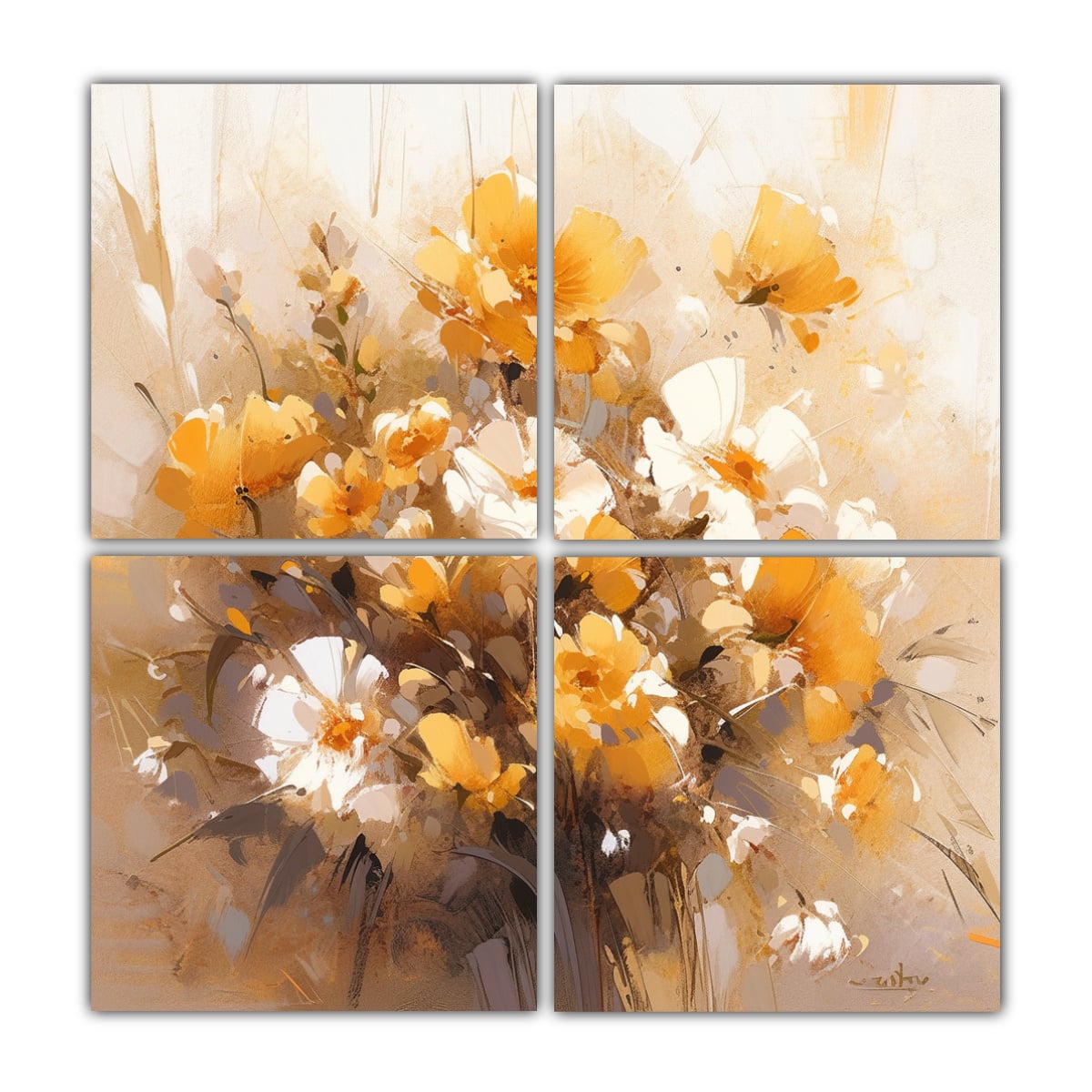 PINTURA FLORAL AMARILLA Y DORADA EN LIENZO, ARTE 120X120 CM - 1